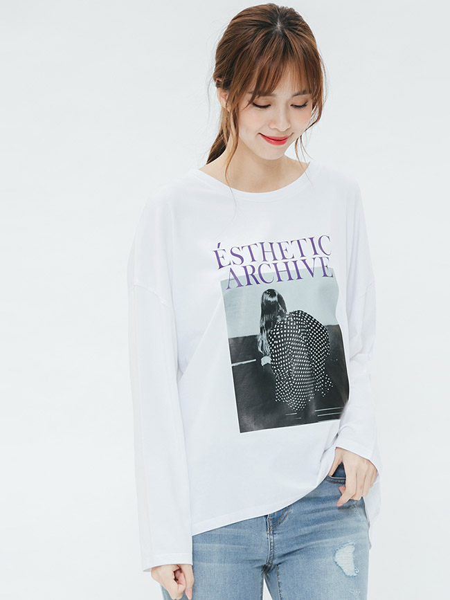 H:CONNECT 韓國品牌 女裝-黑白圖印長袖T-shirt-白