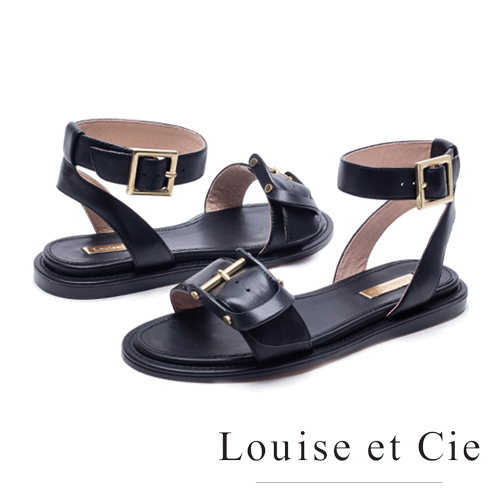 Louise et Cie 金屬釦寬版繞踝平底涼鞋-黑色