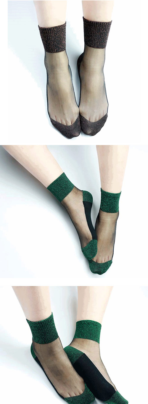 Wazi-金蔥雙色透膚水晶襪短襪 (1組五入)