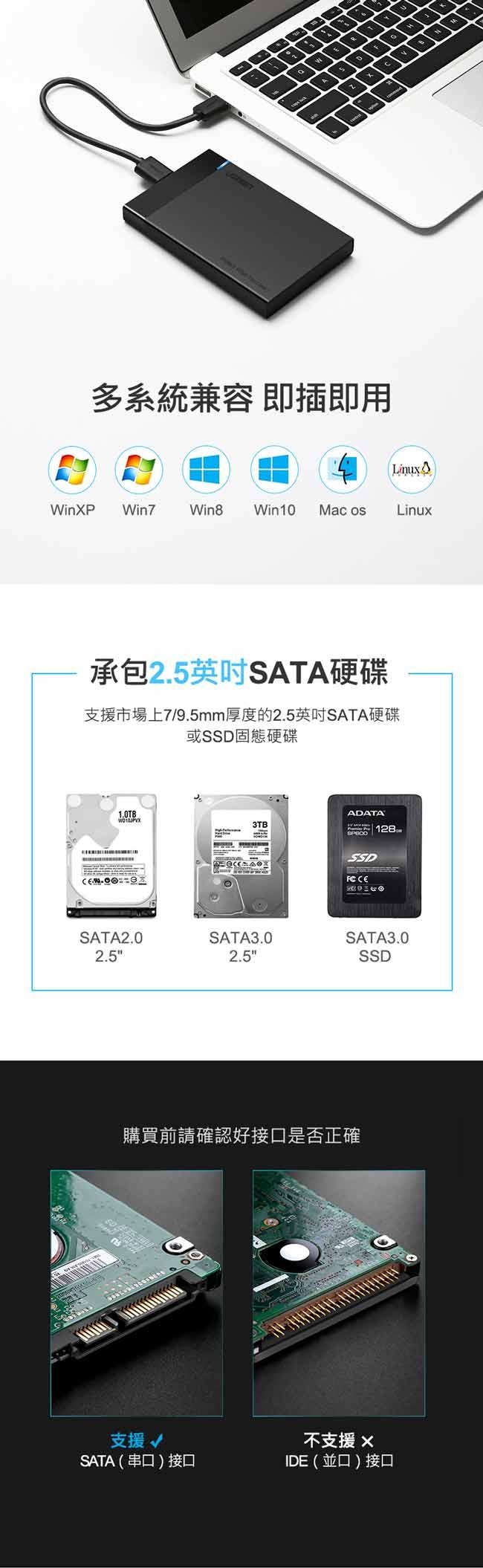 [加購]綠聯 50cm2.5吋USB3.0隨身硬碟外接盒 黑色 UASP版 50cm