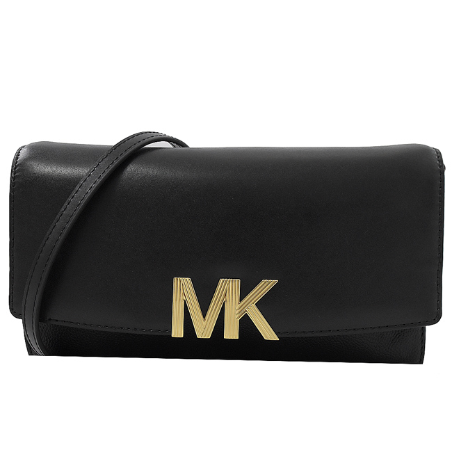 MICHAEL KORS MONTGOMERY 金屬MK翻蓋牛皮斜背包(黑)