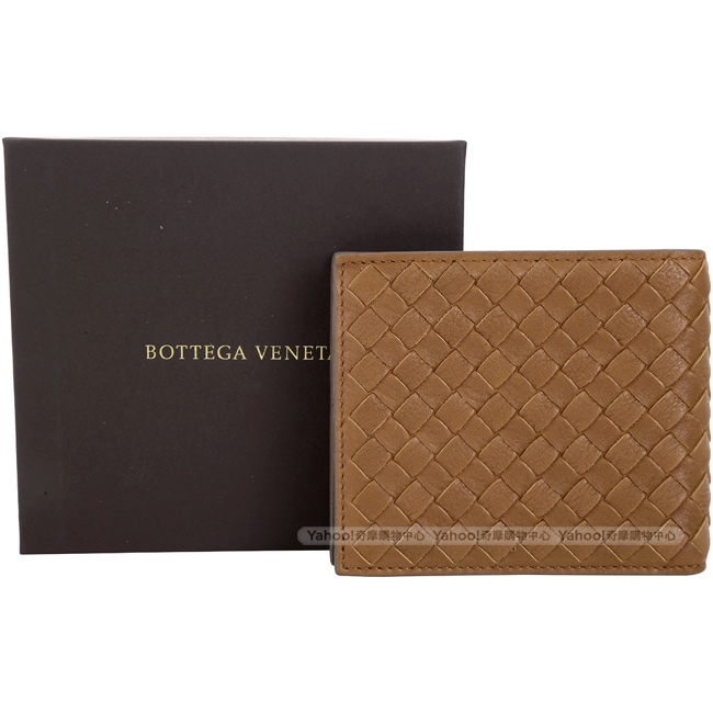 BOTTEGA VENETA BI-FOLD 小牛皮編織拼色對折短夾(棕x灰)