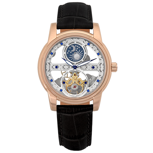 Valentino Coupeau 范倫鐵諾 古柏 日月相鏤雕機械腕錶 (玫瑰金/黑帶)