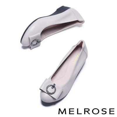 高跟鞋 MELROSE 氣質典雅鑽釦蝴蝶結全真皮楔型高跟鞋－米