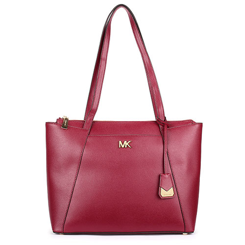 MICHAEL KORS Maddie 金LOGO素面防刮皮革前口袋肩背托特包-中/紅莓