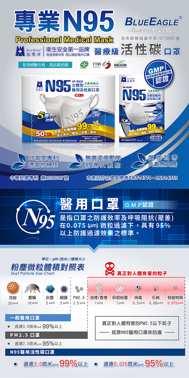 藍鷹牌 N95醫療口罩 成人立體型活性碳醫用口罩 50入x3盒