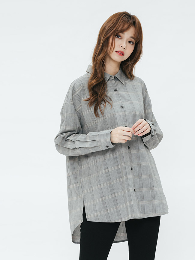 H:CONNECT 韓國品牌 女裝-簡約格紋襯衫-黑