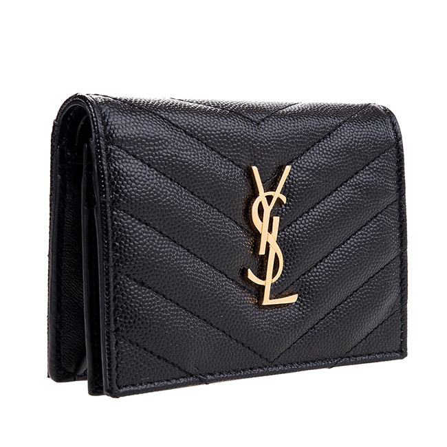 YSL MONOGRAM系列V字金屬LOGO絎縫魚子醬牛皮對折卡夾 (黑色)