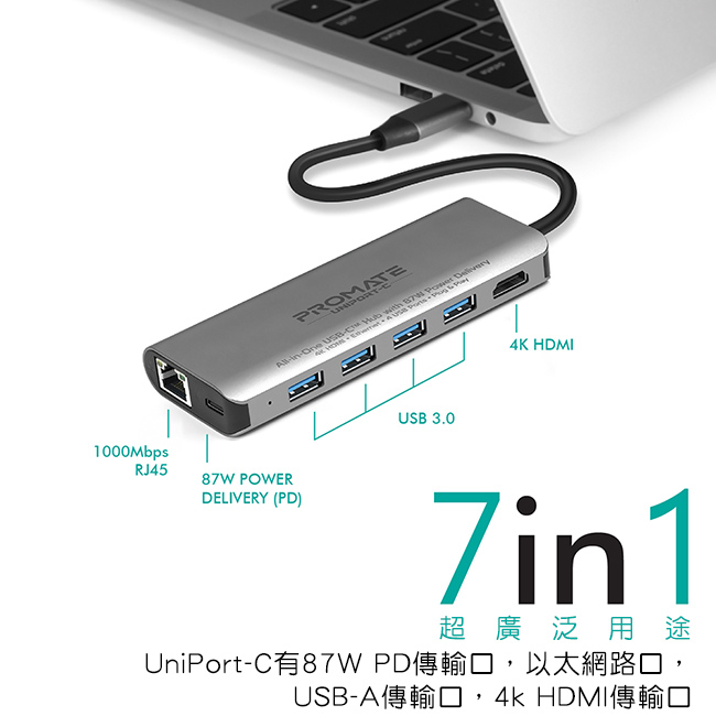 Promate 7合1 USB Type C 充電傳輸集線器(UniPort-C)