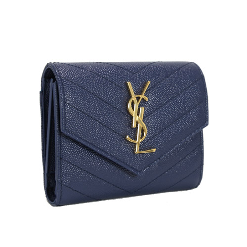 YSL MONOGRAM 魚子醬牛皮信封釦式中夾(藍色)