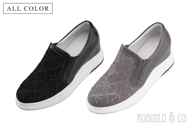 Robinlo & Co.運動感幾何拼接牛皮內增高休閒鞋 黑