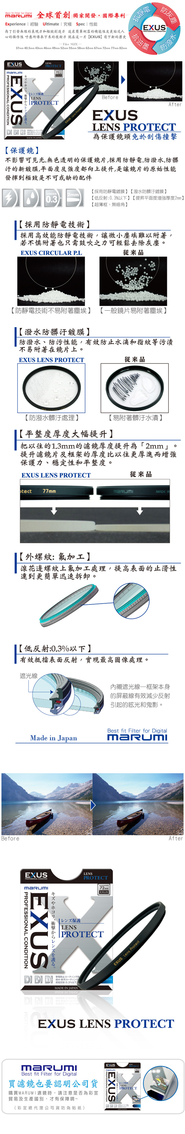 Marumi-EXUS LP-37mm 防靜電‧防潑水‧抗油墨 鍍膜保護鏡