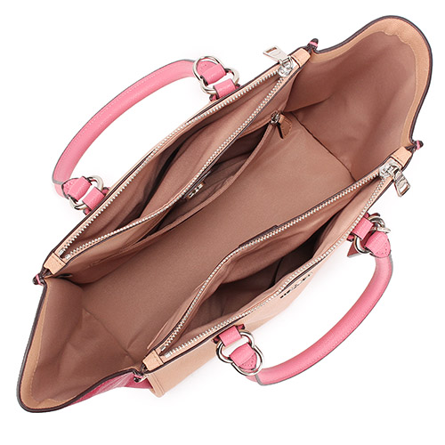 COACH Crosby 素面防刮撞色皮革雙拉鍊手提/斜背兩用托特包-粉膚/紅