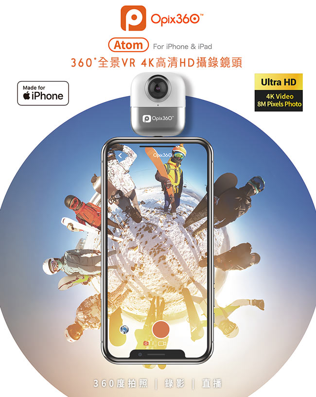 Opix360 ATOM iPhone/iPad專用HD高清4K雙鏡頭360度全景攝錄相機