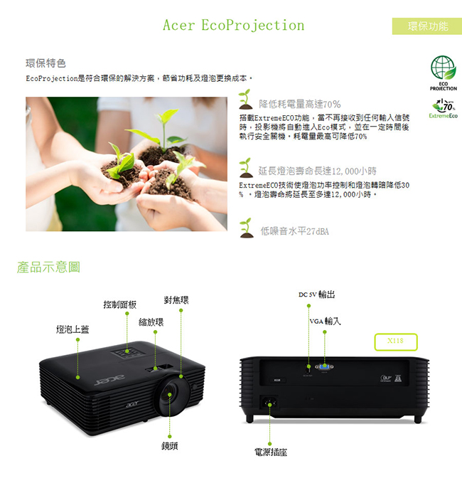 福利品-acer X118 SVGA 投影機(3600流明)