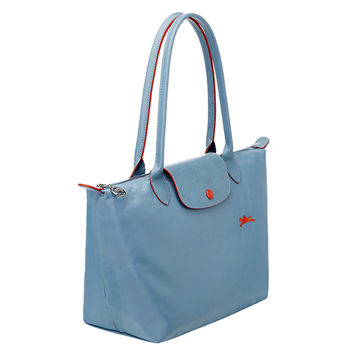 LONGCHAMP Le Pliage系列經典刺繡LOGO長提把手提/肩背包(小)粉藍色