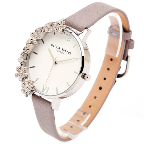 OLIVIA BURTON華麗花朵風皮革錶帶手錶-白面/38mm