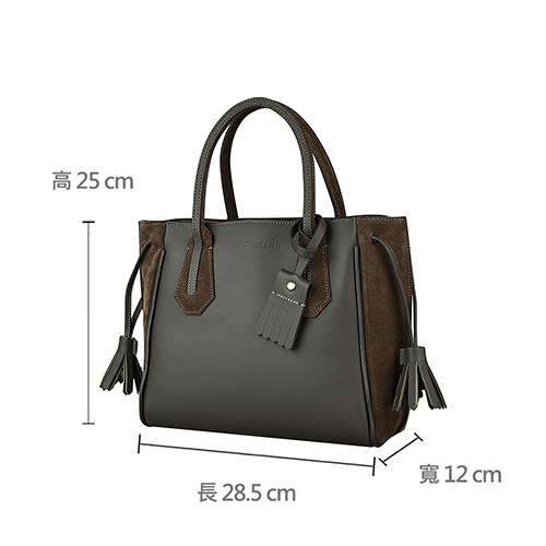 LONGCHAMP PENELOPE經典壓印LOGO流蘇設計牛皮拉鍊手提包(卡其綠)