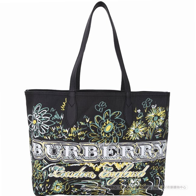 BURBERRY Doodle Canvas 兩面雙用 中型塗鴉格紋托特包(黑色)