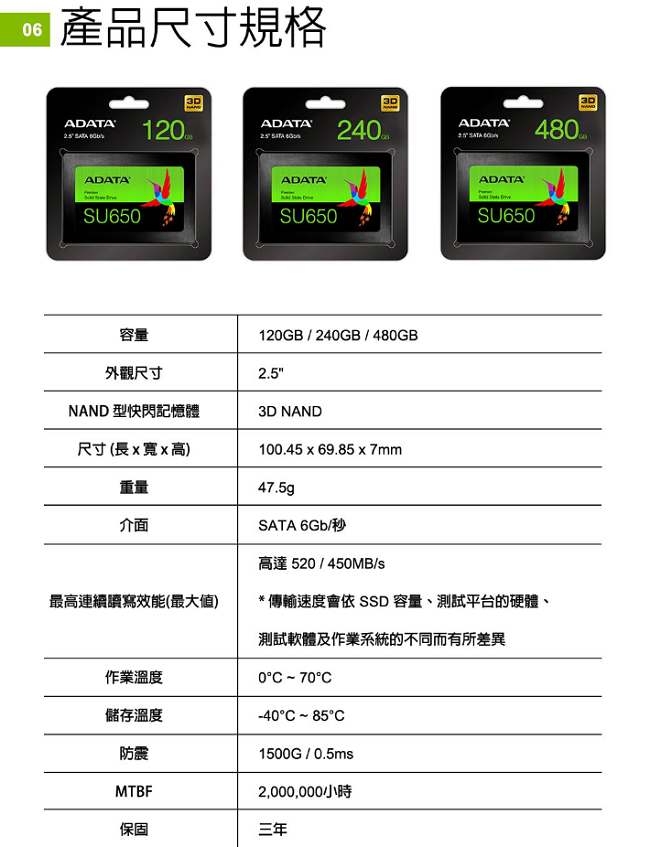 ADATA威剛 Ultimate SU650 240G SSD 2.5吋固態硬碟