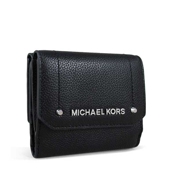 MICHAEL KORS Hayes 銀字Logo荔枝紋全皮革三折式短夾(黑色)