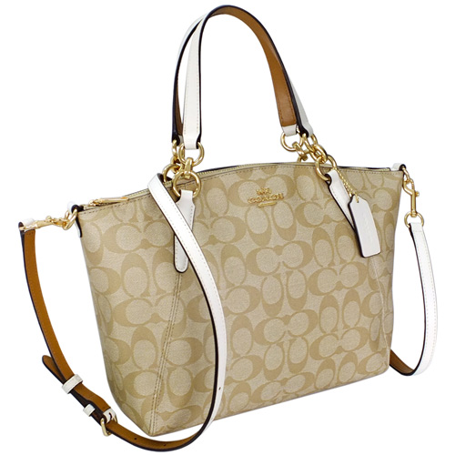 COACH淺卡C Logo米白真皮飾邊手提/斜背中款托特包