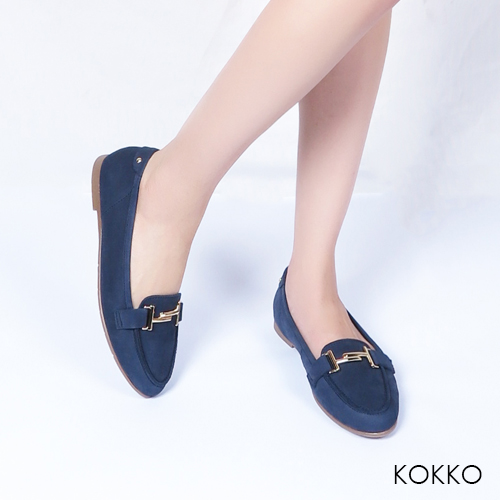 KOKKO - 簡約舒適真皮金屬釦莫卡辛休閒鞋-靜謐藍