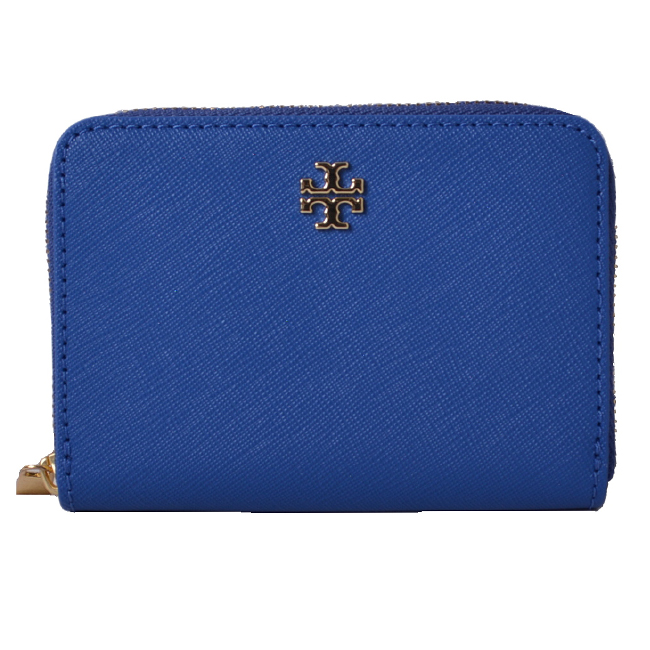 TORY BURCH EMERSON 經典LOGO防刮皮革拉鍊零錢包-貴族藍