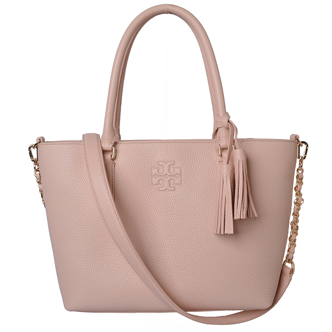 TORY BURCH THEA 流蘇裝飾經典縫線LOGO兩用托特包-芭蕾粉