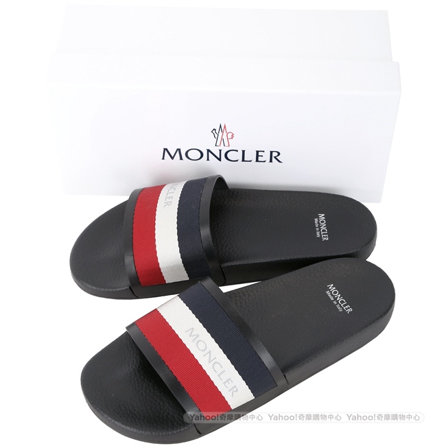 MONCLER New Basile 經典三色織帶男款皮革拖鞋(黑色)