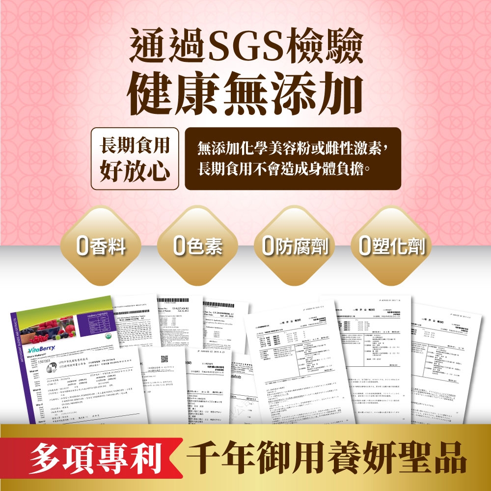 VitaBerry通過SGS檢驗健康無添加長期食用無添加化學美容粉或雌性激素,好放心 長期食用不會造成身體負擔。香料 色素 防腐劑 0塑化劑多項專利 千年御用養妍聖品