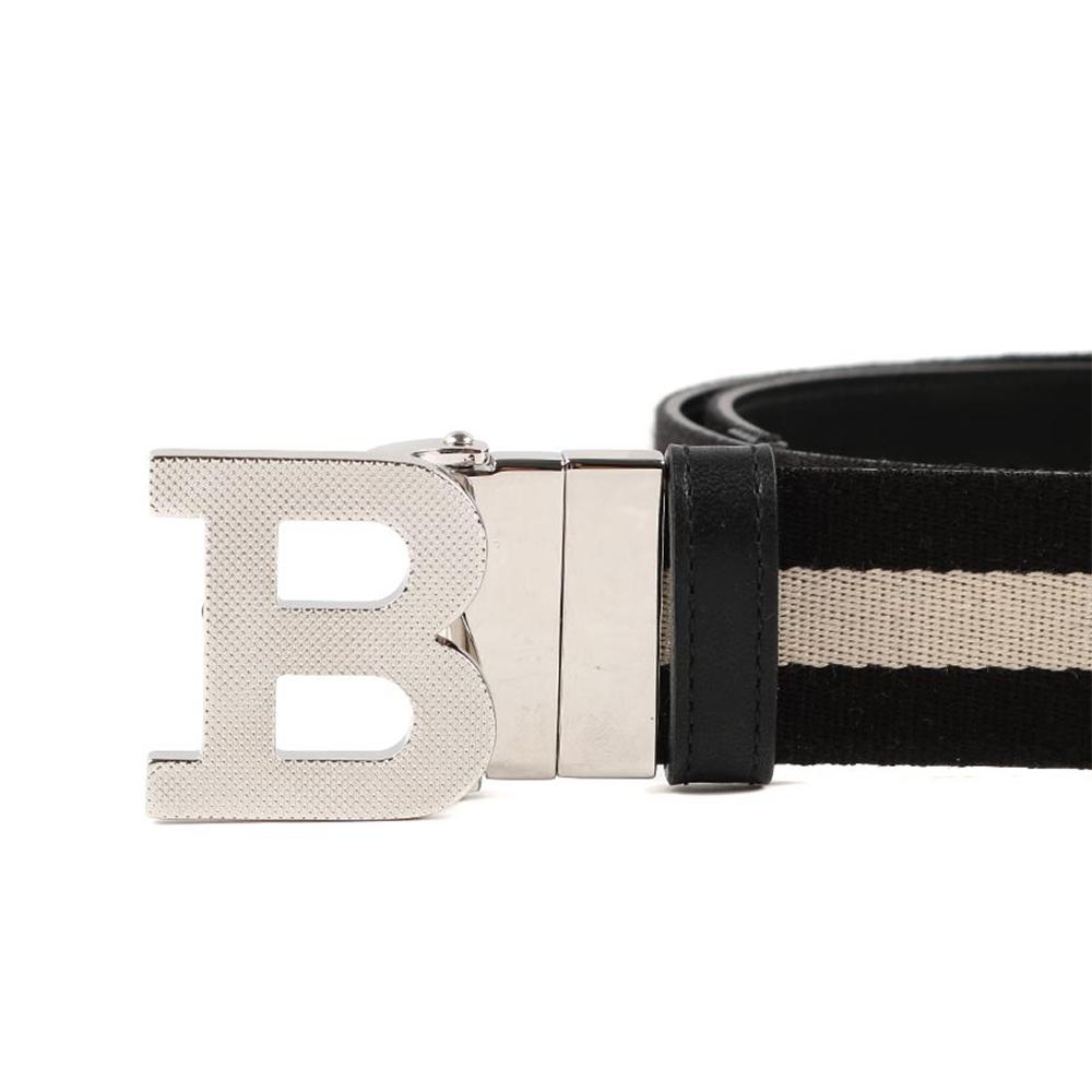 BALLY B BUCKLE 35 B字母釦黑白織帶雙面用黑牛皮腰帶