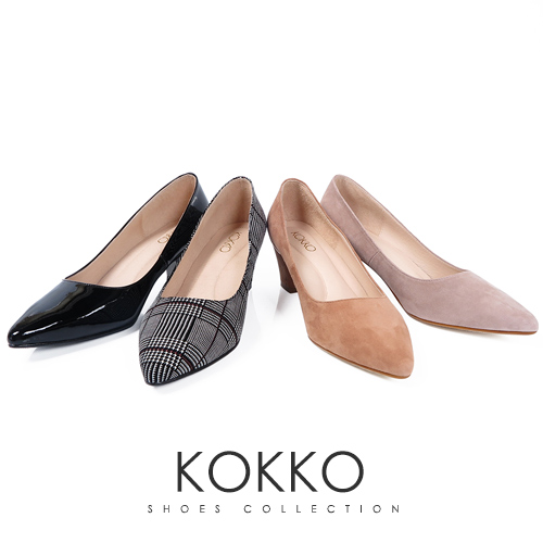 KOKKO - 都會時尚羊皮粗高跟鞋-英倫格紋