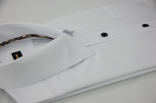 金‧安德森 經典格紋繞領白色細斜紋窄版短袖襯衫