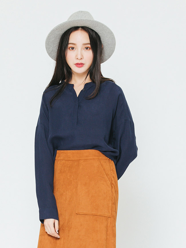 H:CONNECT 韓國品牌 女裝-半開襟純色麻料襯衫-藍