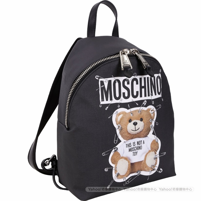 MOSCHINO 中型 別針泰迪熊印花後背包(黑色)