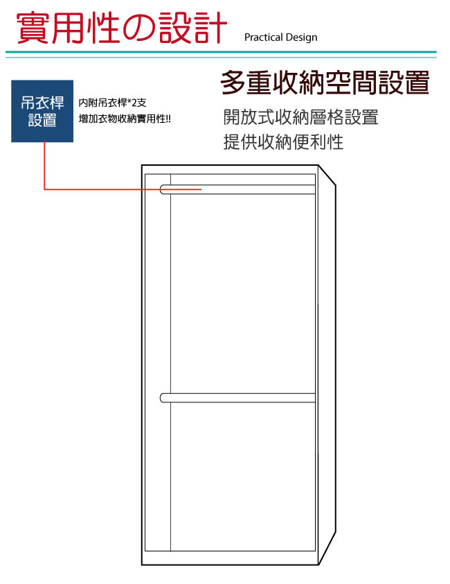 文創集 波可2.7尺雙吊衣櫃/(吊衣桿＋內開放層格-80.1x59.1x199.6cm免組
