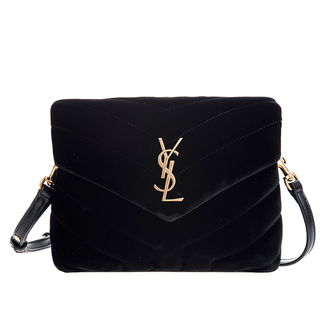 YSL 新款LOULOU金字絲絨材質縫線斜背/肩背包 (黑色/小款)