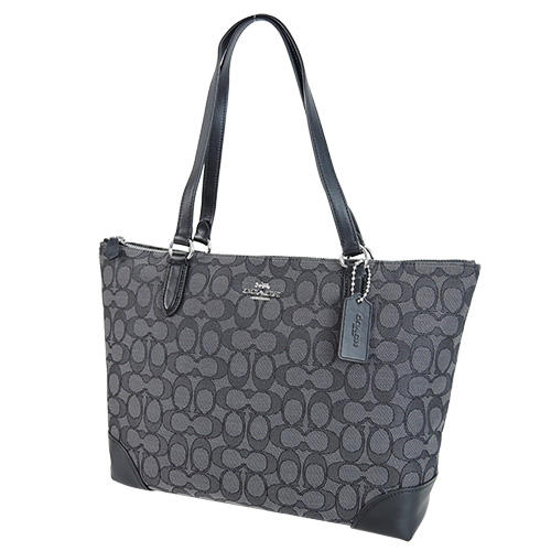 COACH 拼接皮革織布托特包(黑灰)