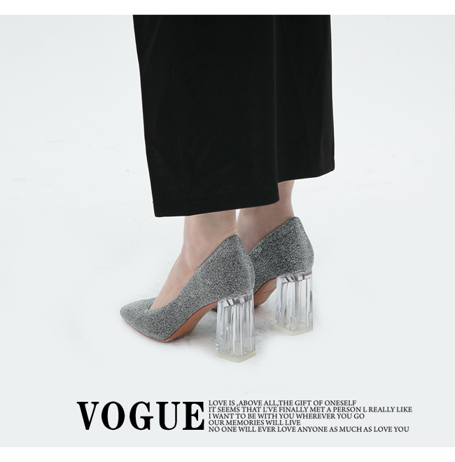 mo.oh - 金屬色亮片銀色粗高跟鞋-銀色