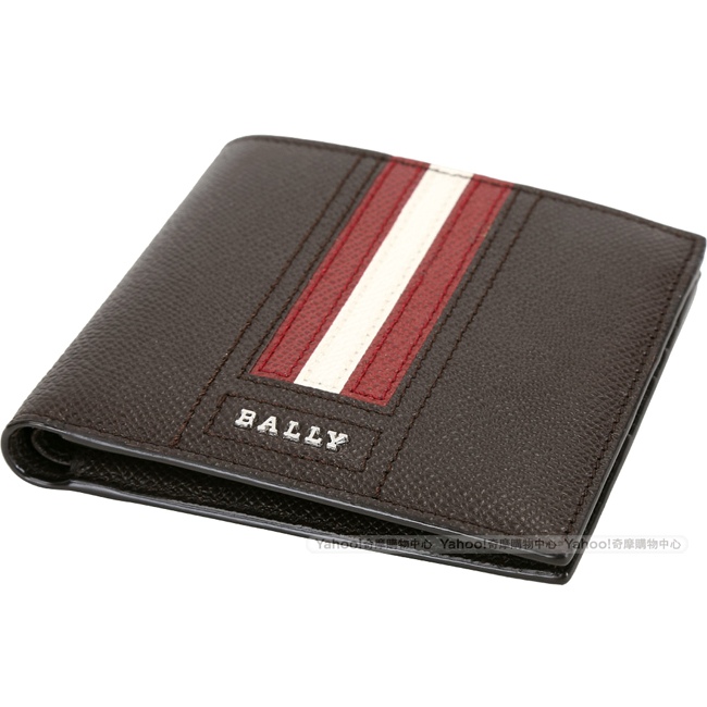 BALLY TRASAI 經典紅白條紋咖啡色八卡對折短夾