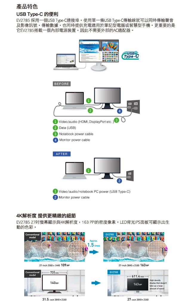 FlexScan EV2785 27吋/USB-TypeC/低藍光低閃頻4K寬螢幕-白色