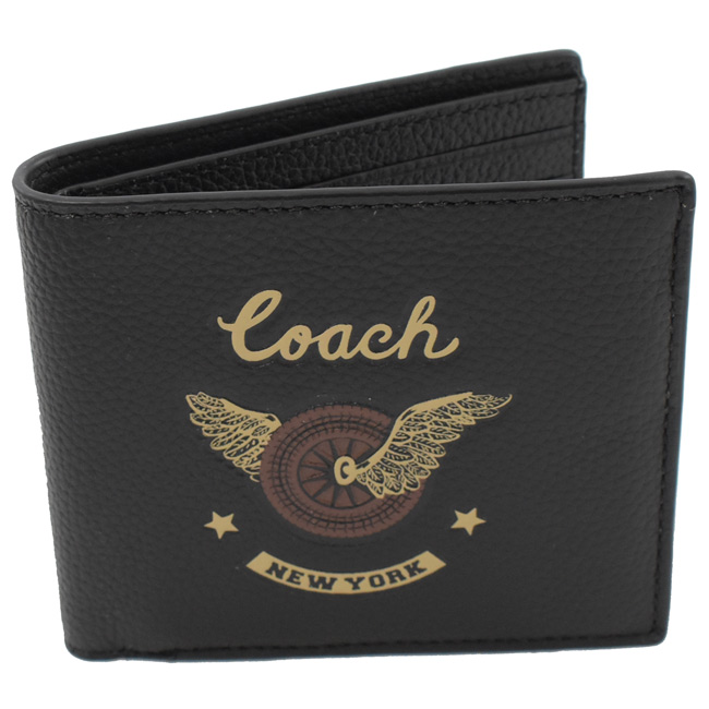 COACH 燙印LOGO圖案牛皮對開短夾(8卡/黑)