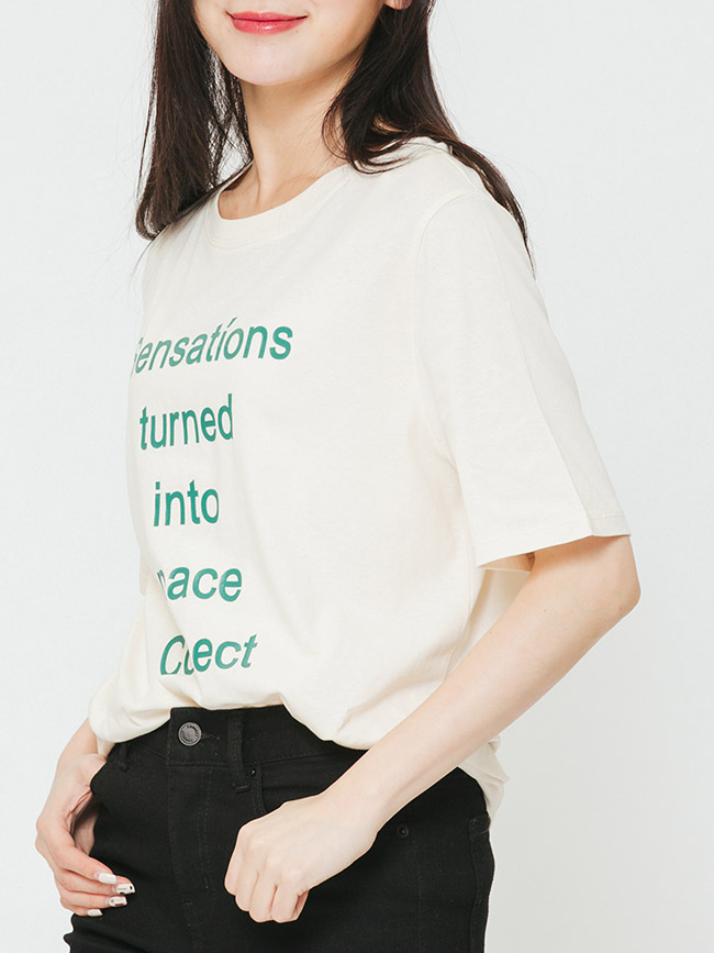 H:CONNECT 韓國品牌 女裝-標語圓領T-shirt-卡其