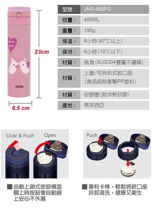 膳魔師2019豬年限定自動上鎖超輕量不鏽鋼真空保溫瓶0.45L(JNS-450PG-P)