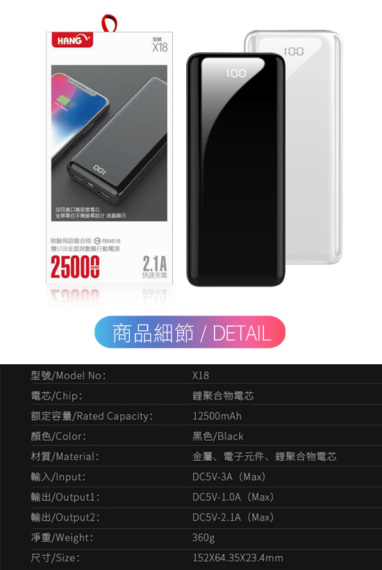 HANG 全螢幕液晶顯示25000mAh 行動電源 X18