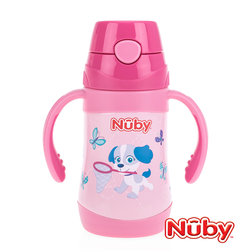 Nuby不鏽鋼真空學習杯(細吸管)-花漾犬_280ml(12M+)