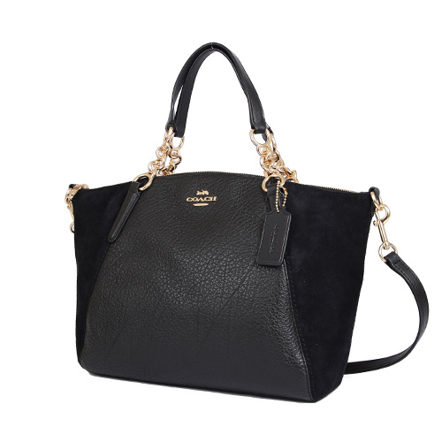COACH 麂皮荔枝皮革拼接手提斜背中型水餃包(黑色)