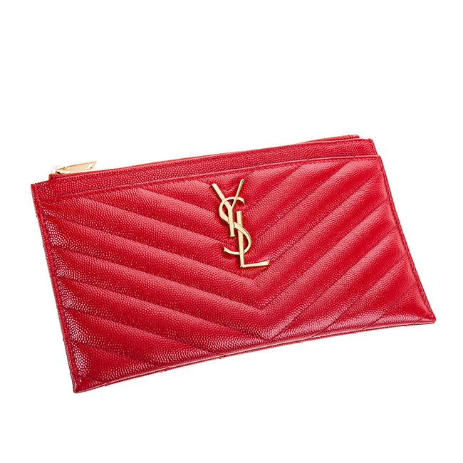 YSL 經典MONOGRAM系列V字縫線魚子醬牛皮金色LOGO拉鍊手拿包 (紅色)