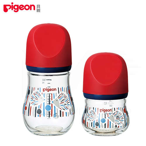 設計款＊日本《Pigeon 貝親》寬口母乳實感玻璃奶瓶組-刺蝟/紅【160ml+80ml】